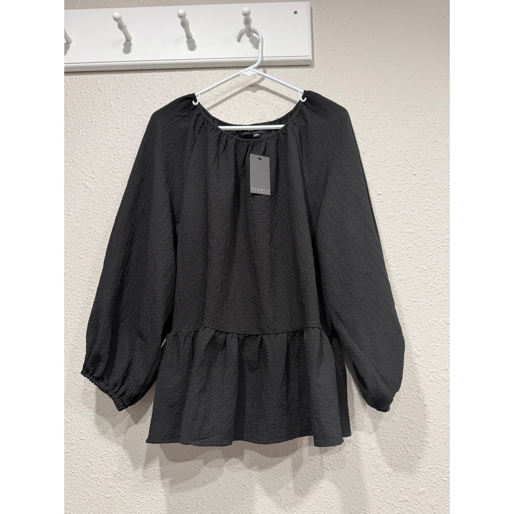 ELOQUII Black Textured Peplum Blouse Long Lantern Sleeve Plus Size 22 NWT